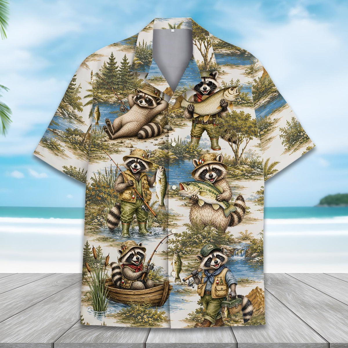 Funny Raccoon Camping Campfire Fishing – Hawaiian Shirt