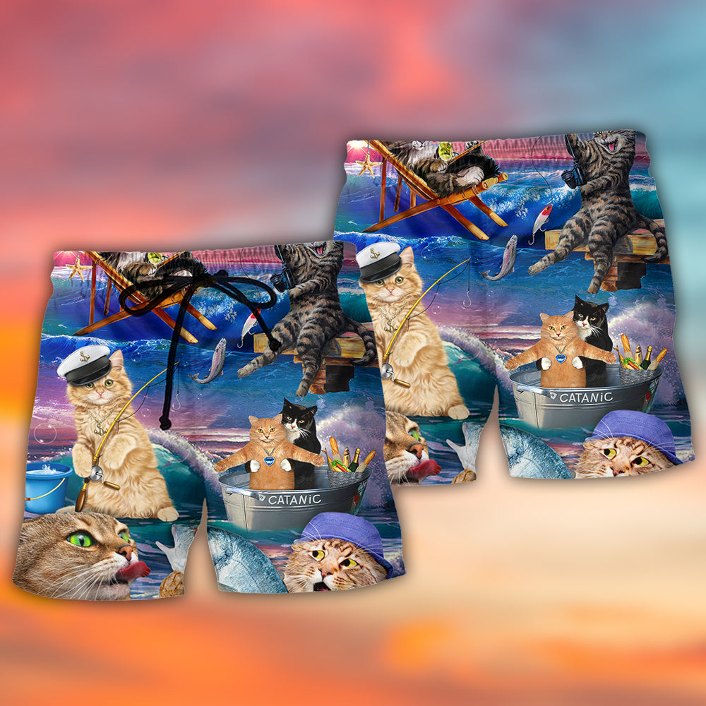 Cute Fishing Cat Beach Art – Beach Short