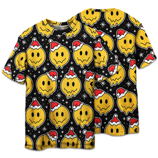 T-shirt / S Christmas Smile Happy Face With Santa Hat - Pajamas Short Sleeve - Owls Matrix LTD