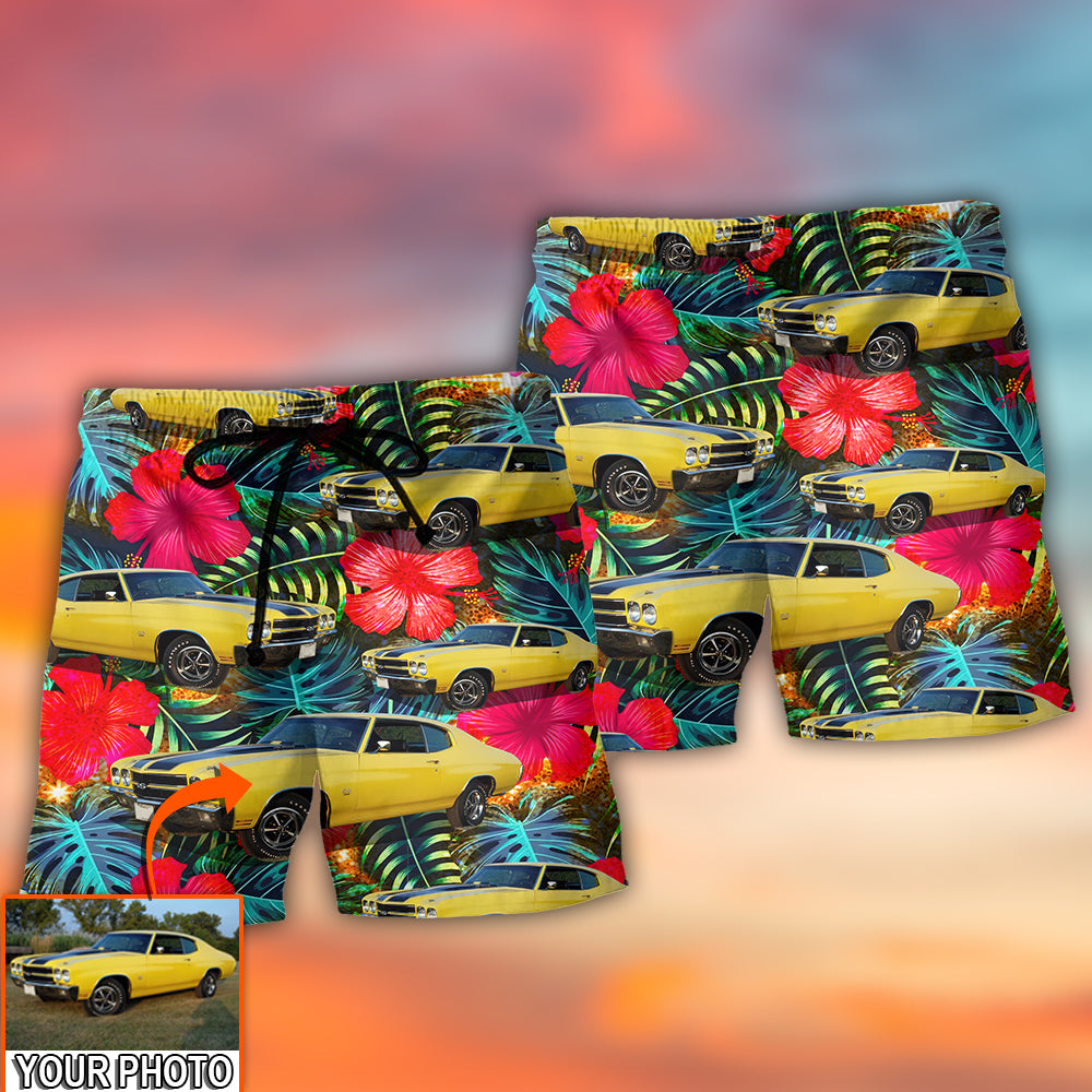 Car Chevelle Car Cool Tropical Flower Custom Photo - Beach Short - Owls Matrix LTD