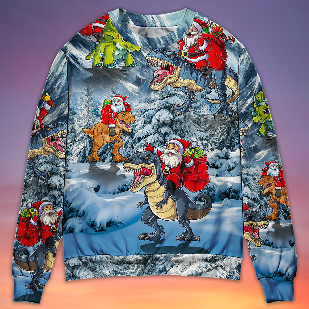 Christmas Santa Riding Dinosaur Tree Gift Light Art – Sweater - Ugly Christmas Sweater