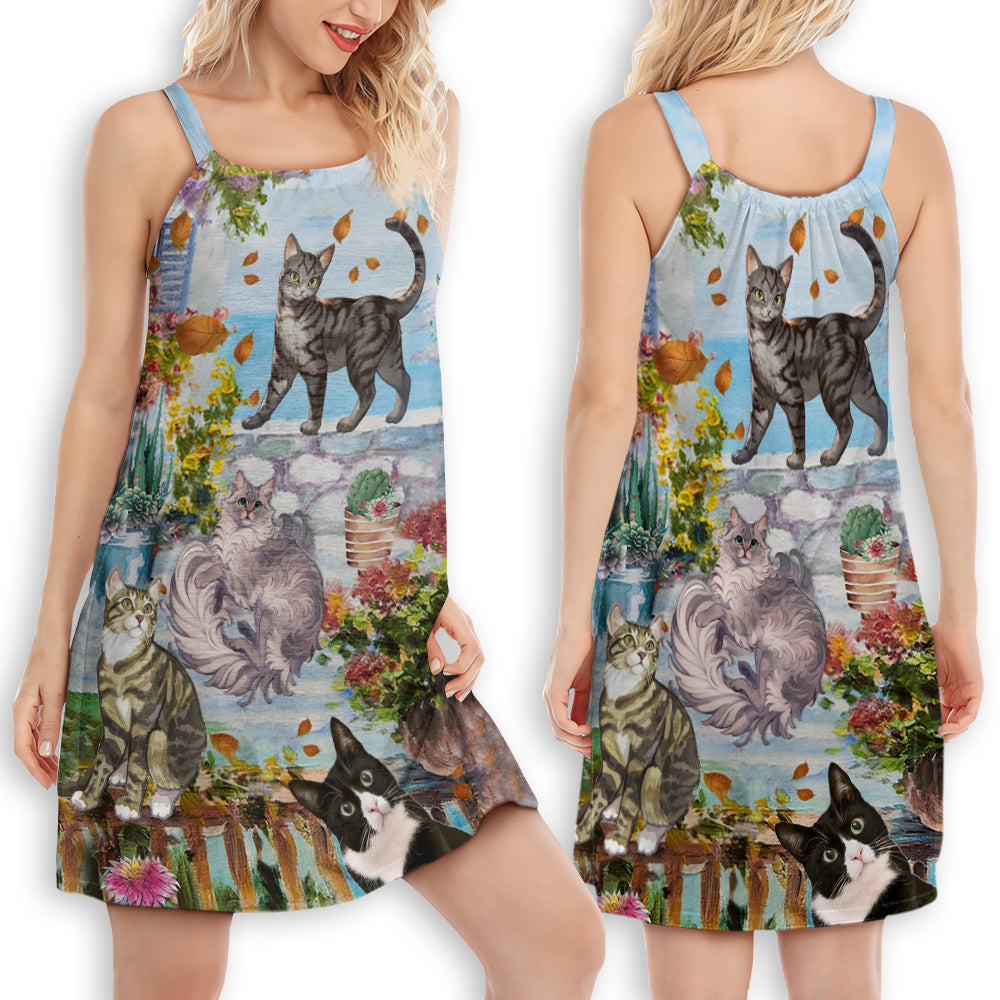 Cat Loves Home And Summer – Women's Summer Sleeveless V-Neck Camisole Dress