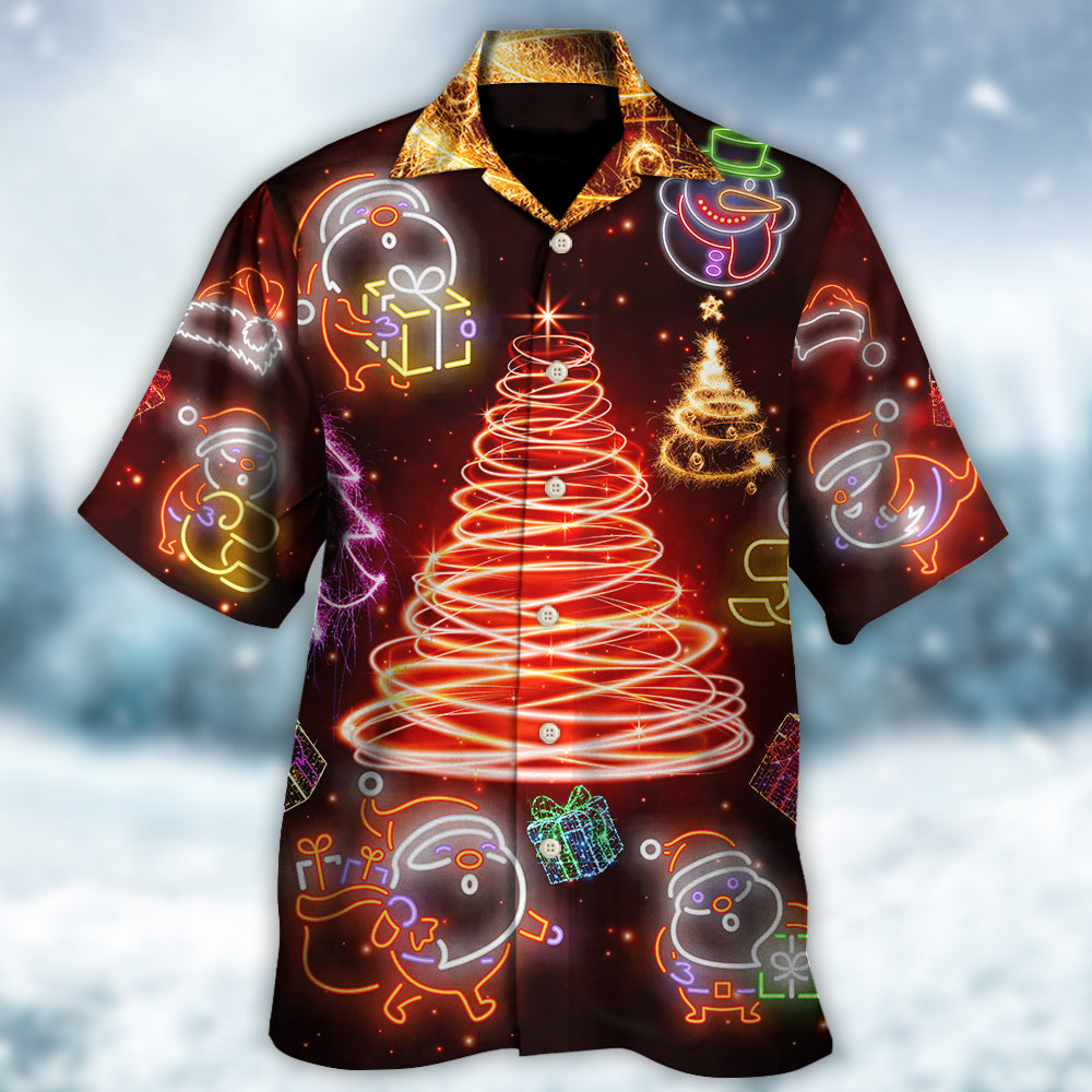 Funny Santa And Christmas Tree Red Neon Art - Hawaiian Shirt