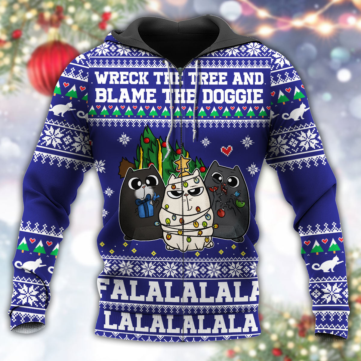 Cat Wreck The Tree Funny Holiday Art – 3D Hoodie
