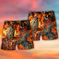 Motorcycle Lover Skull Fire Burning Art Style - Beach Short - Owls Matrix LTD