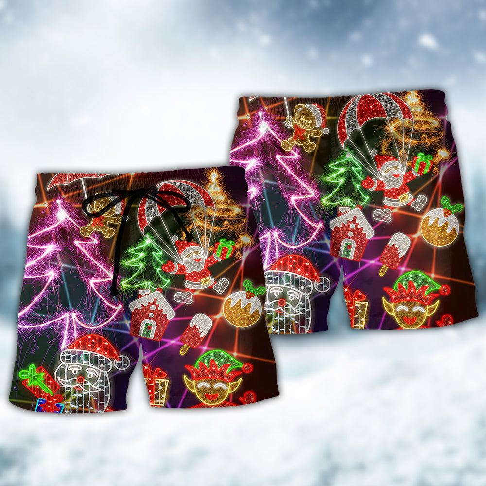 Christmas Funny Santa Claus Tree Elf Gingerbread Neon Light Style - Beach Short - Owls Matrix LTD
