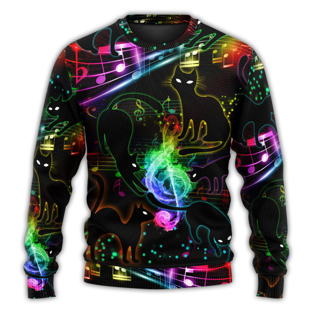 Black Cat Magical Light Music Notes – Sweater - Ugly Christmas Sweater