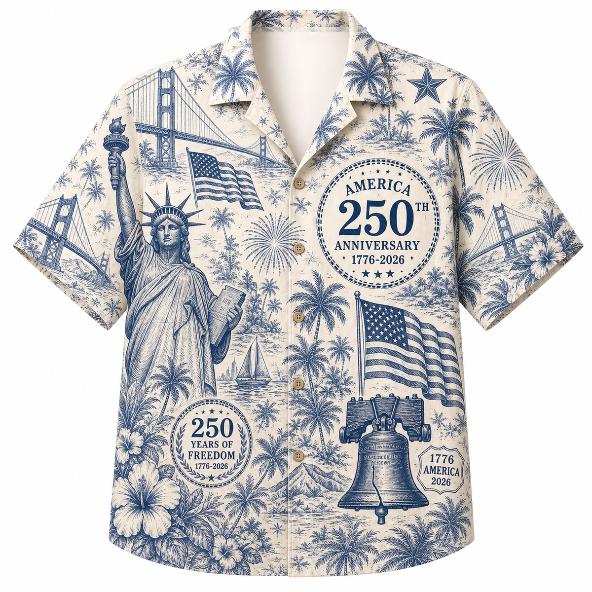 America 250th Blue Toile Liberty Hawaiian Shirt