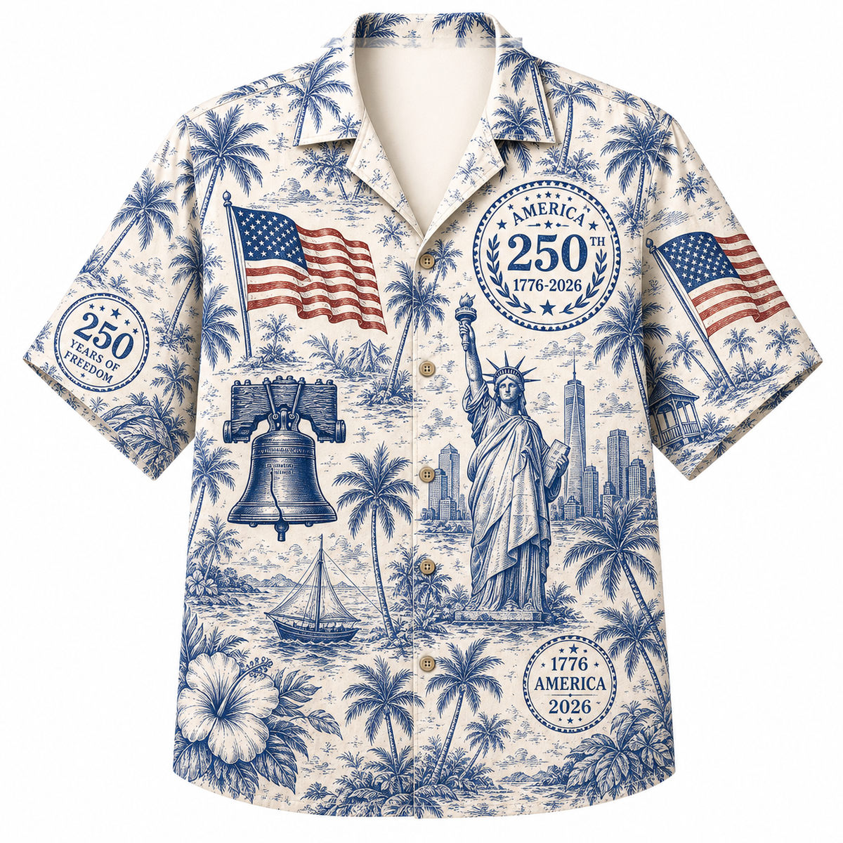 America 250th Toile Palm Flag Print Hawaiian Shirt