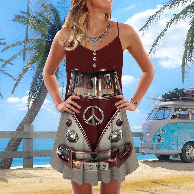 Retro Hippie Van Cool – Women's Summer Sleeveless V-Neck Camisole Dress