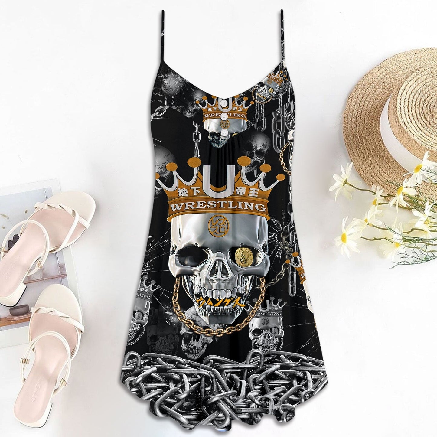 Wrestling Chain Skull Art – Women's Summer Sleeveless V-Neck Camisole Dress