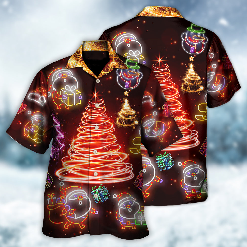 Funny Santa And Christmas Tree Red Neon Art - Hawaiian Shirt