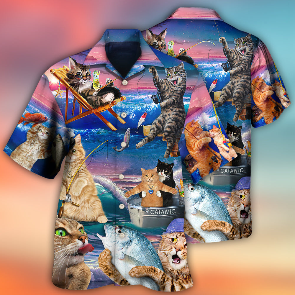 Fishing Cat Cute Beach Scene Art – Hawaiian Shirt