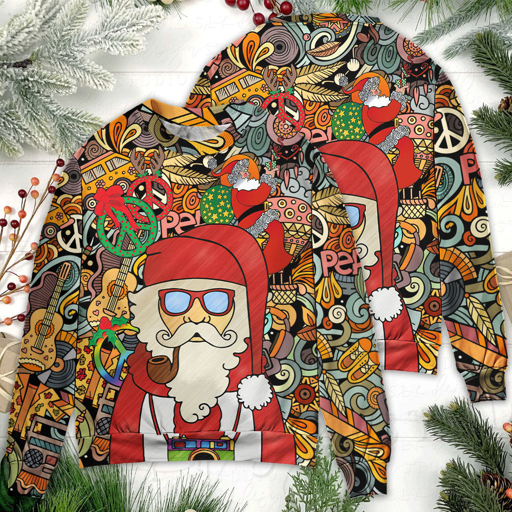 Christmas Hippie Santa Love And Peace – Sweater - Ugly Christmas Sweater