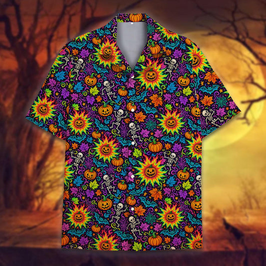 Neon Pumpkin Skeleton Psychedelic Halloween – Hawaiian Shirt