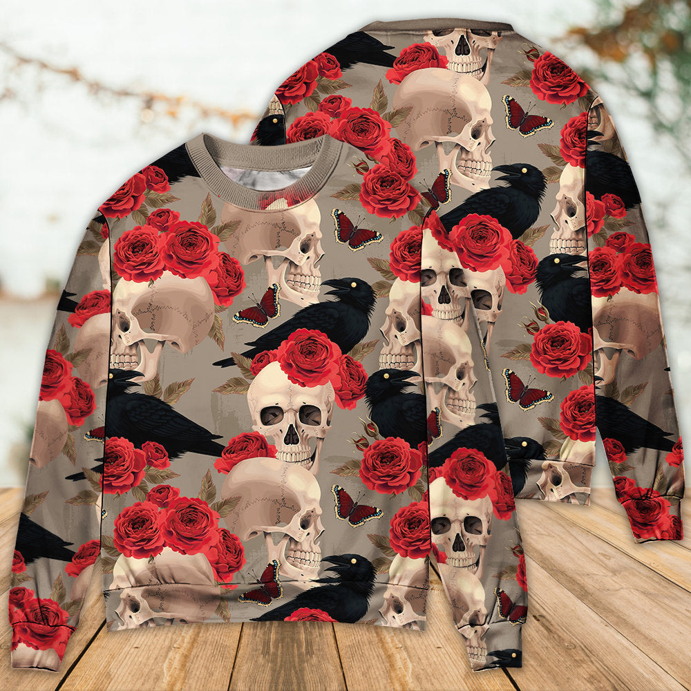 Gothic Skull Rose And Raven Art – Sweater - Ugly Christmas Sweater