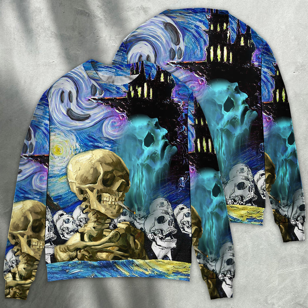 Halloween Skull Smoke Starry Night Art – Sweater - Ugly Christmas Sweater