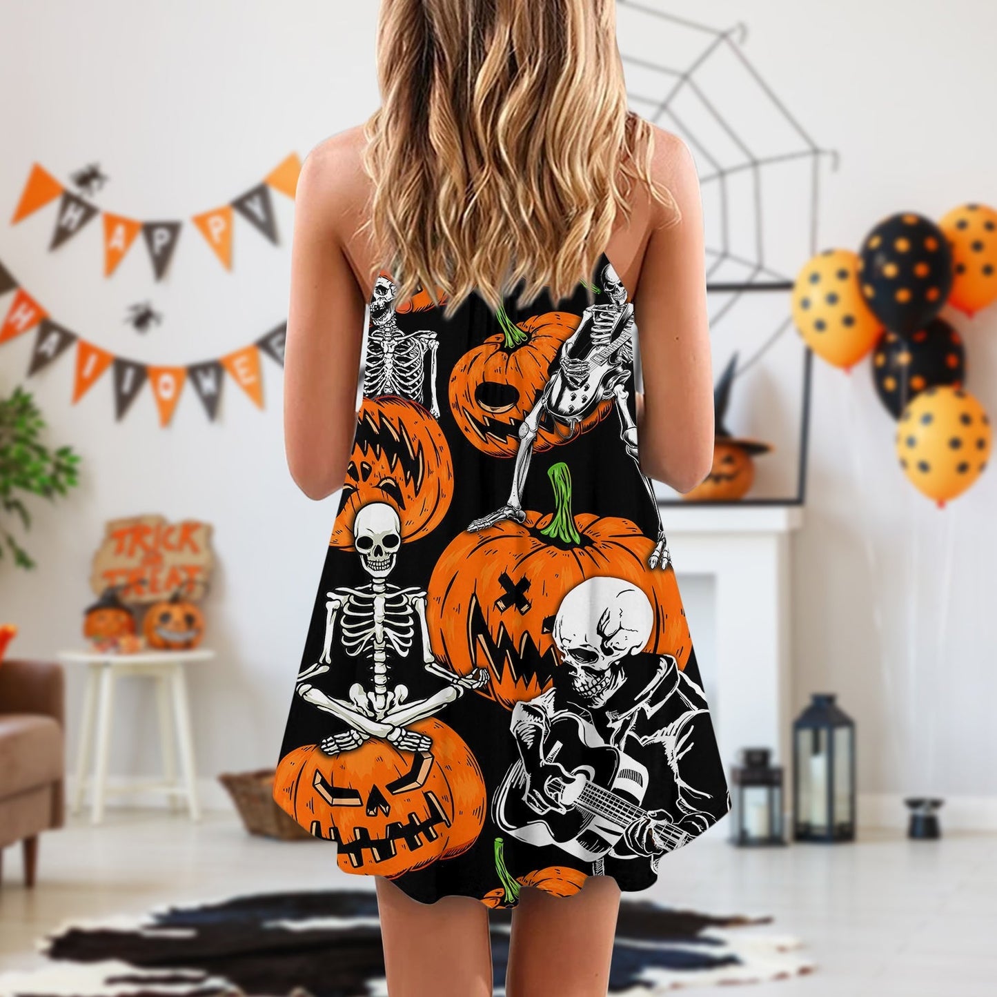 Halloween Skeleton Pumpkin Night – Women's Summer Sleeveless V-Neck Camisole Dress
