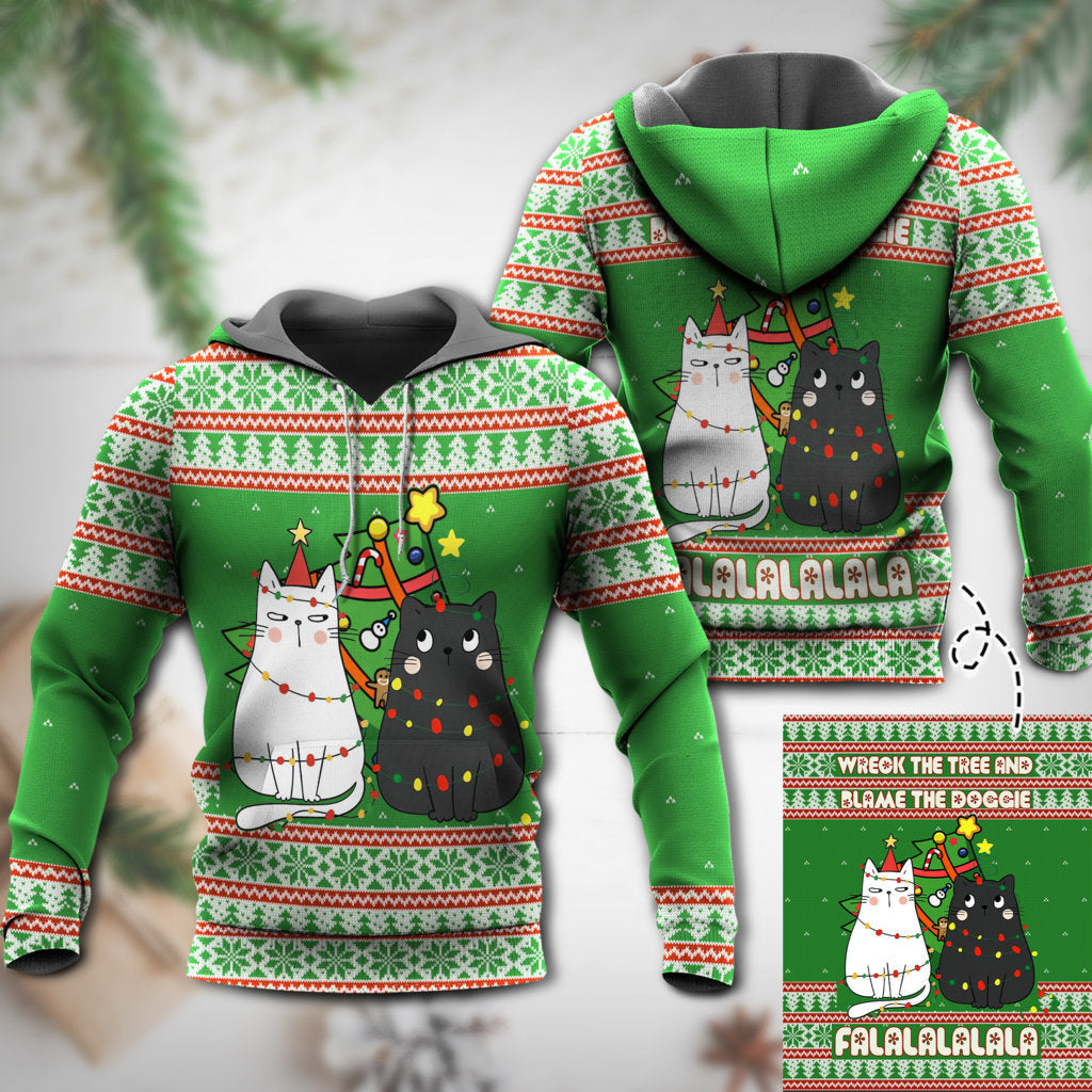 Cat Wreck The Tree Holiday Art – 3D Hoodie