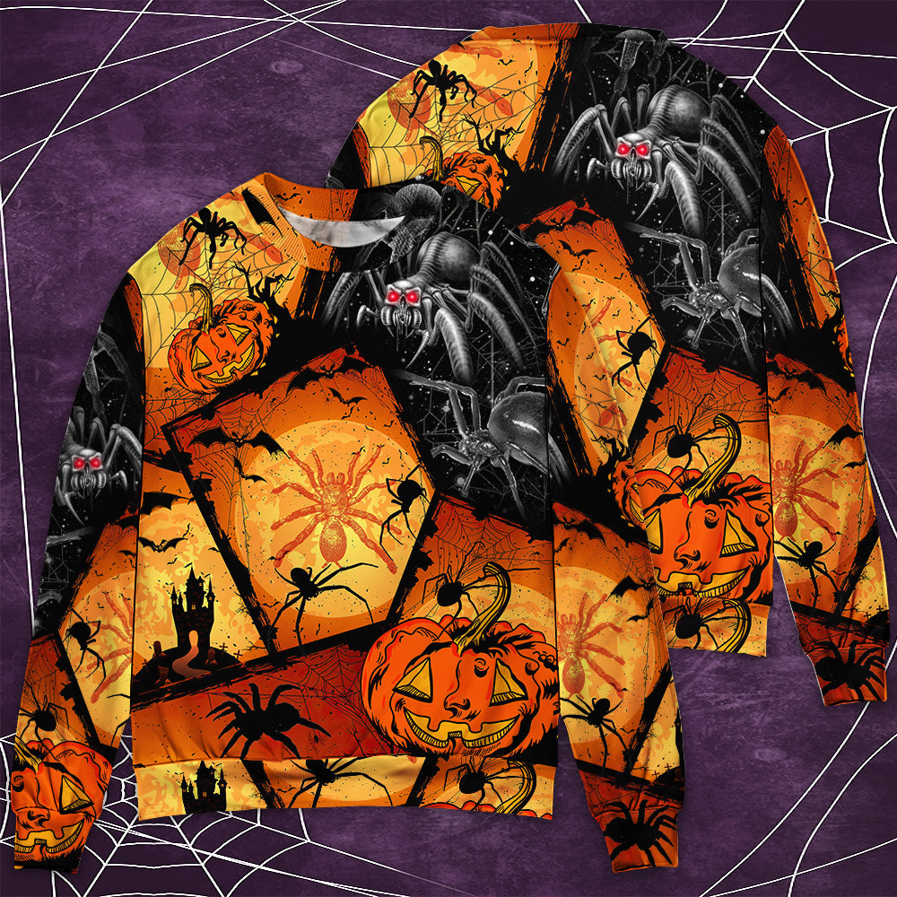 Halloween Spider Pumpkin Night Art – Sweater - Ugly Christmas Sweater