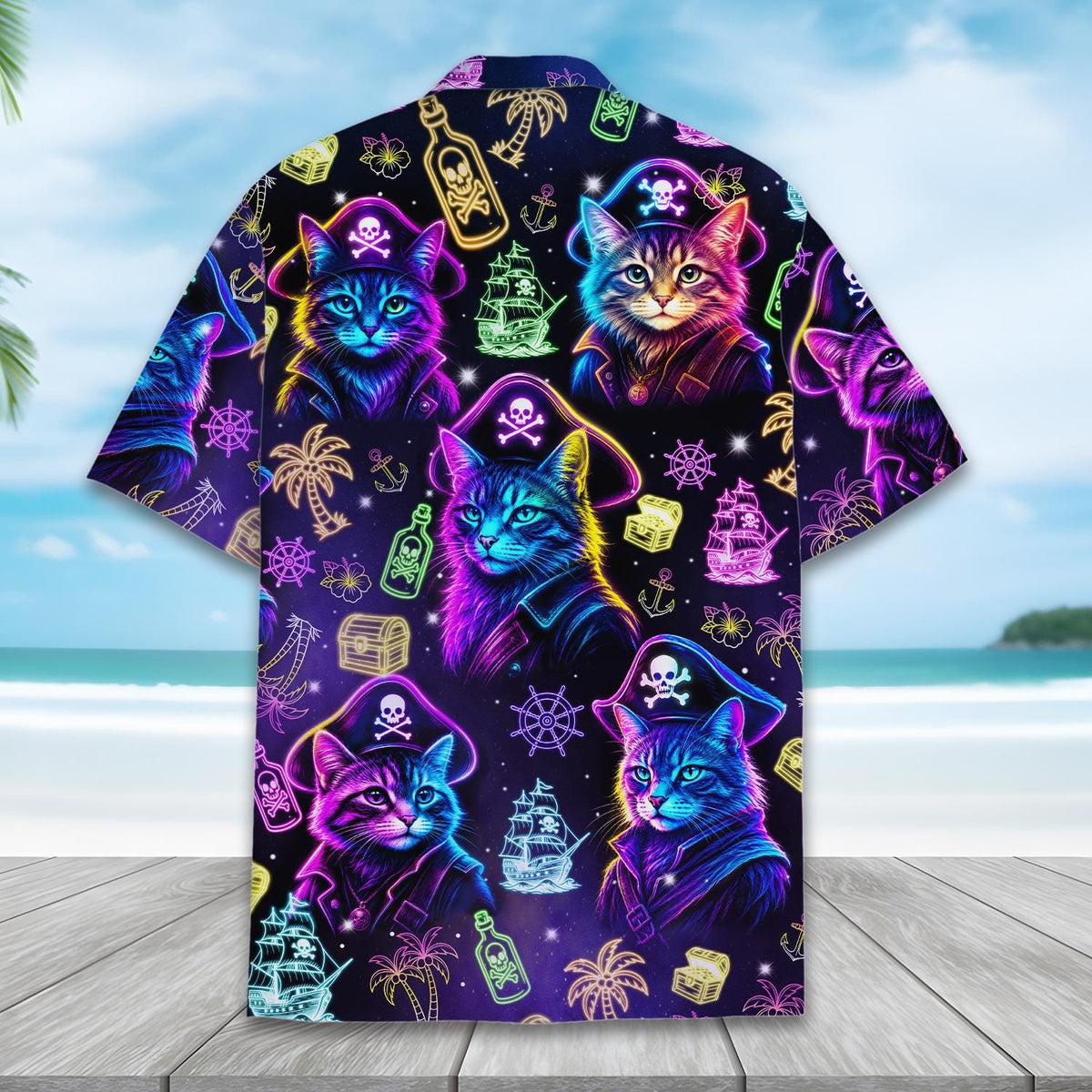 Neon Pirate Cat Glowing Captain Treasure – Hawaiian Shirt