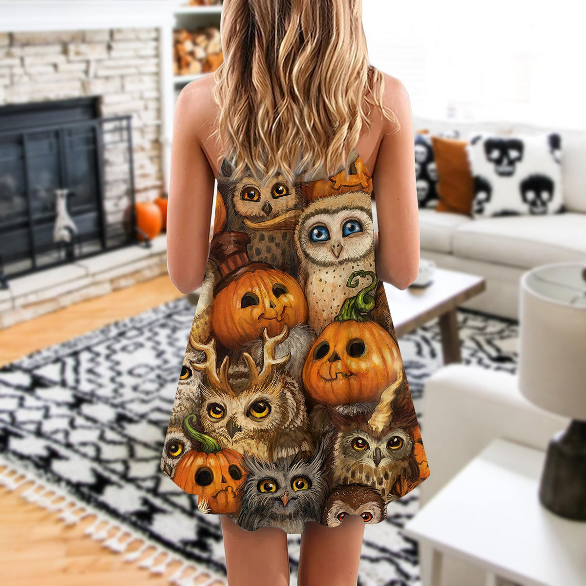 Halloween Owl Pumpkin Pattern – Women's Summer Sleeveless V-Neck Camisole Dress