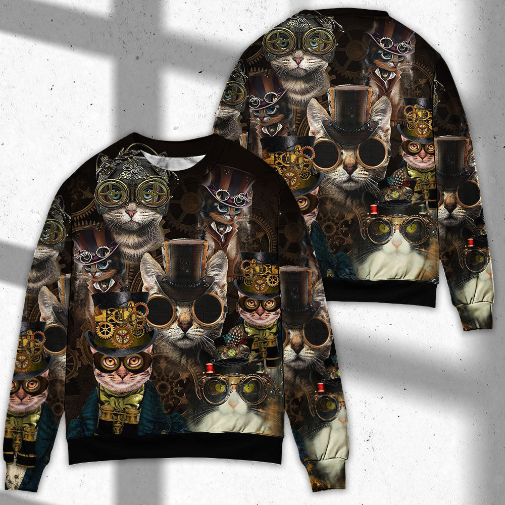 Steampunk Cat Machines Lover Art – Sweater - Ugly Christmas Sweater