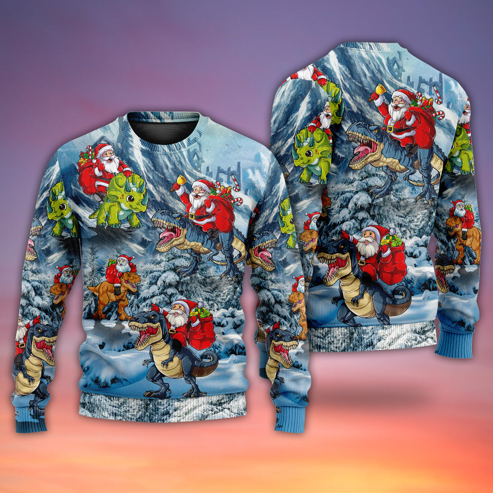 Christmas Santa Riding Dinosaur Tree Gift Light Art – Sweater - Ugly Christmas Sweater