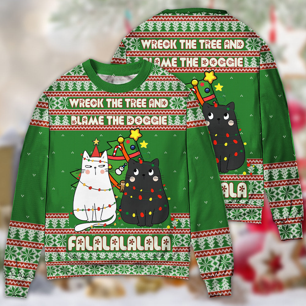 Cat Wrecks Tree Meowy Christmas – Sweater - Ugly Christmas Sweater