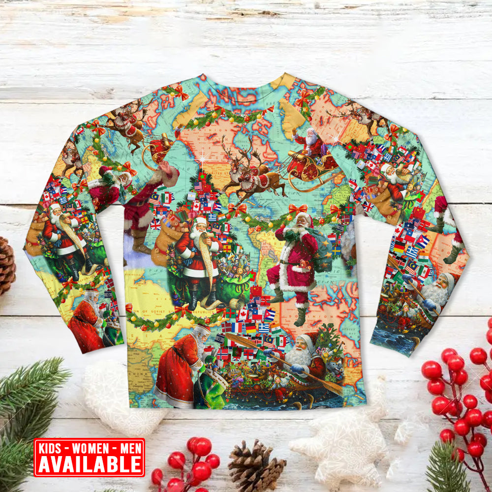 Chirstmas Love Santa World Map - Pajamas Long Sleeve - Owls Matrix LTD