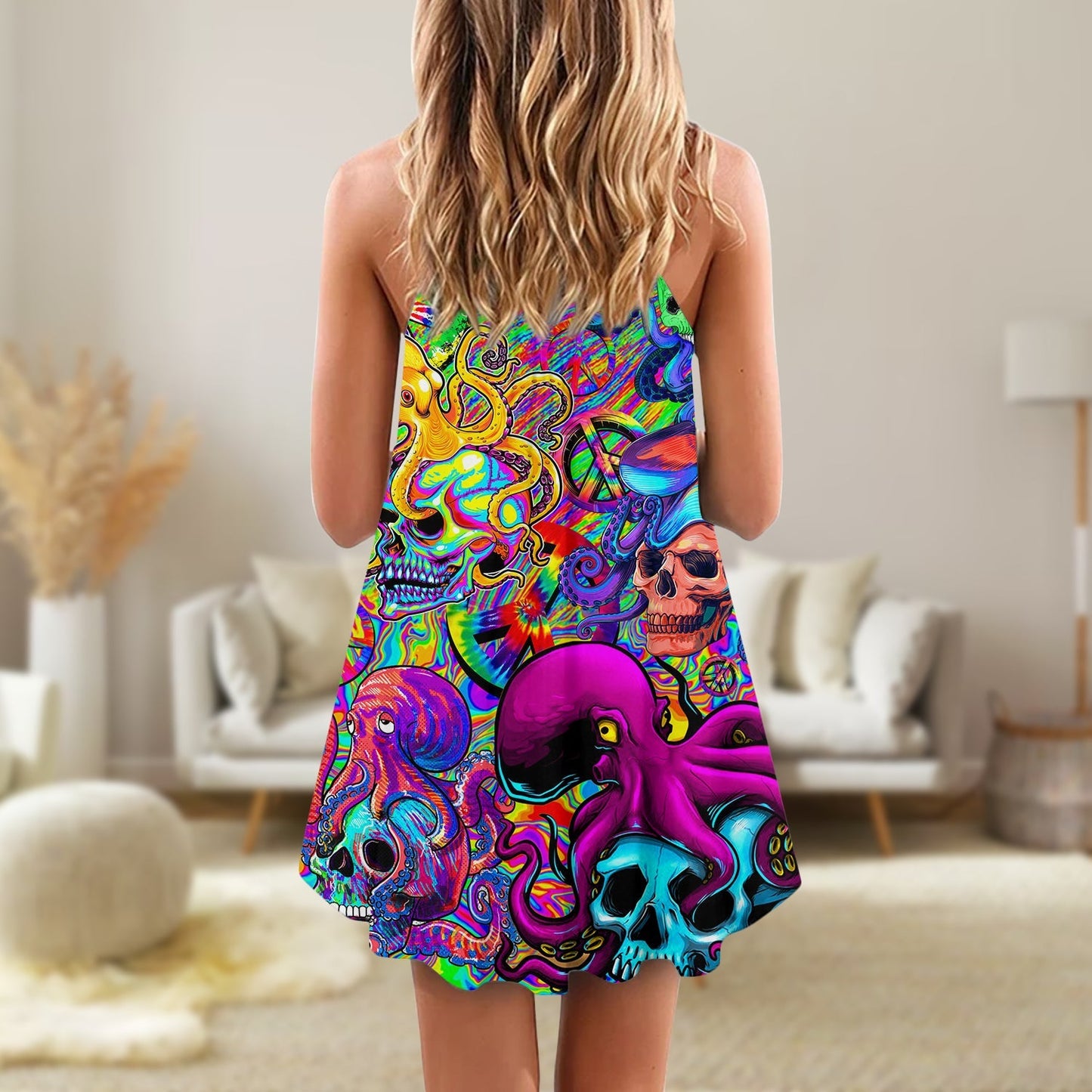 Hippie Skull Octopus Colorful Tie Dye – Women's Summer Sleeveless V-Neck Camisole Dress