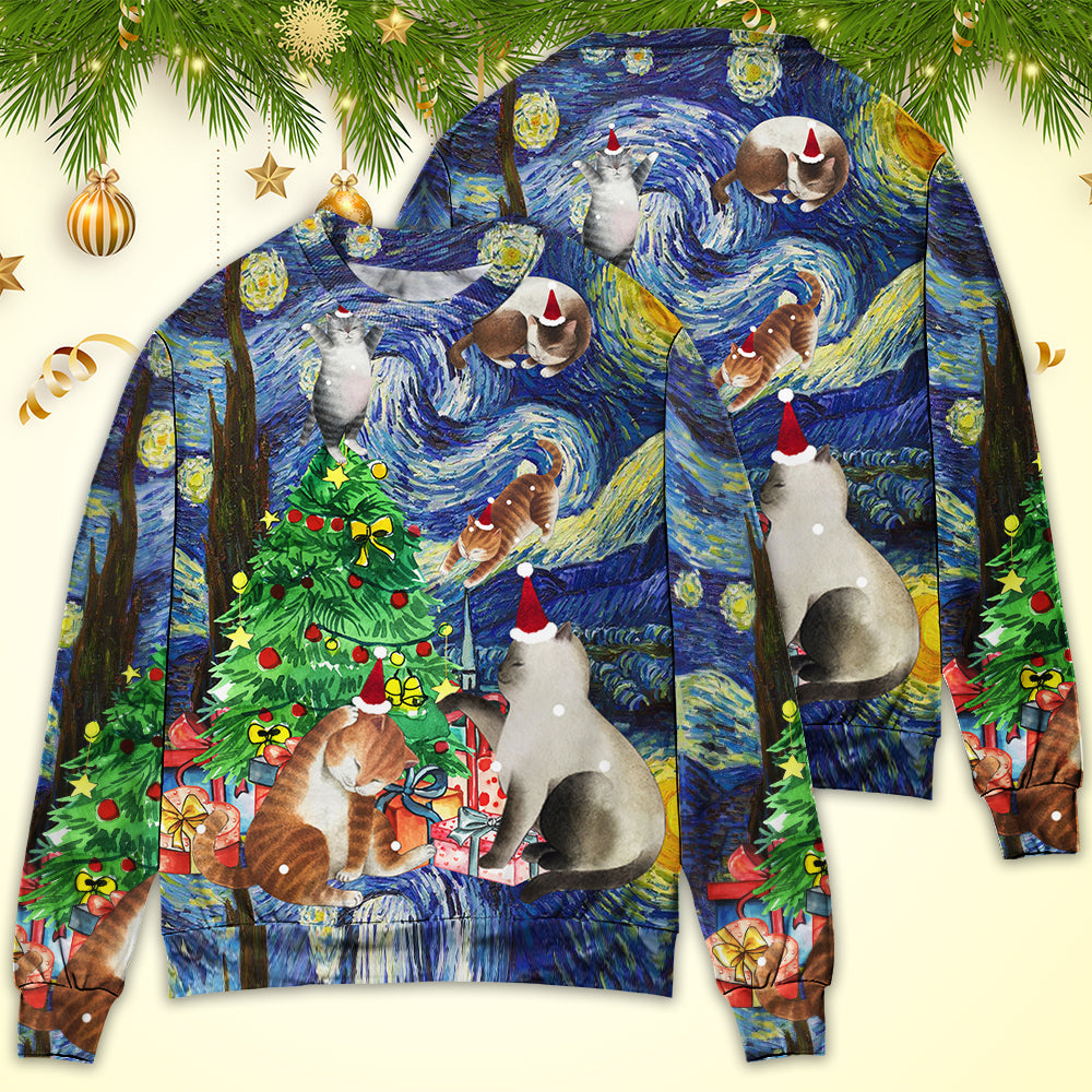 Christmas Cat Playing In Starry Night – Sweater - Ugly Christmas Sweater