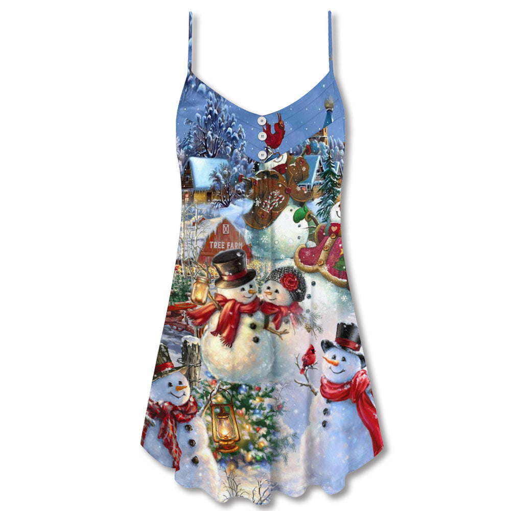 Snowman Couple Winter Love – Women's Summer Sleeveless V-Neck Camisole Dress