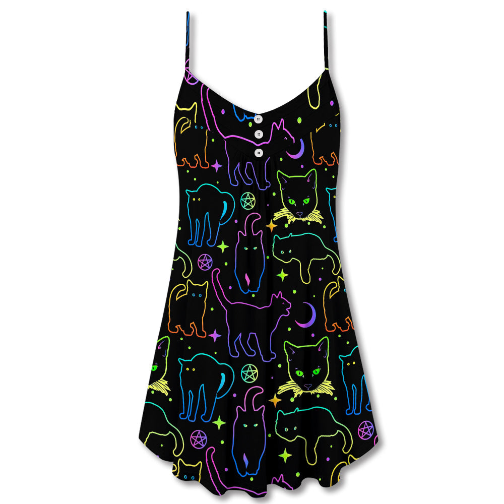 Neon Colorful Cat Playing Kitten – Women's Summer Sleeveless V-Neck Camisole Dress