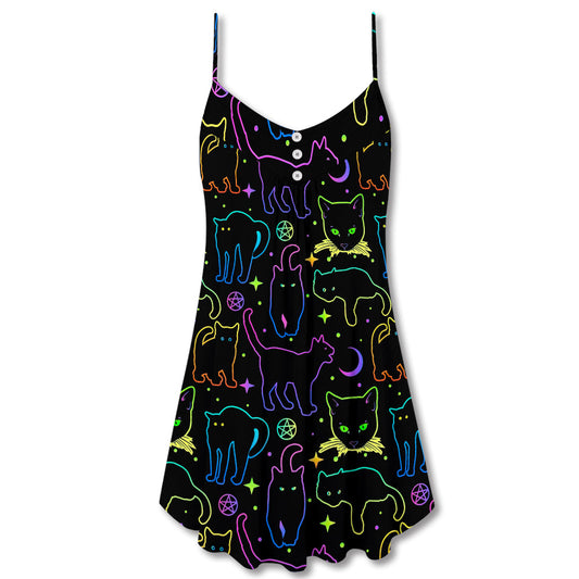 Neon Colorful Cat Playing Kitten – Women's Summer Sleeveless V-Neck Camisole Dress