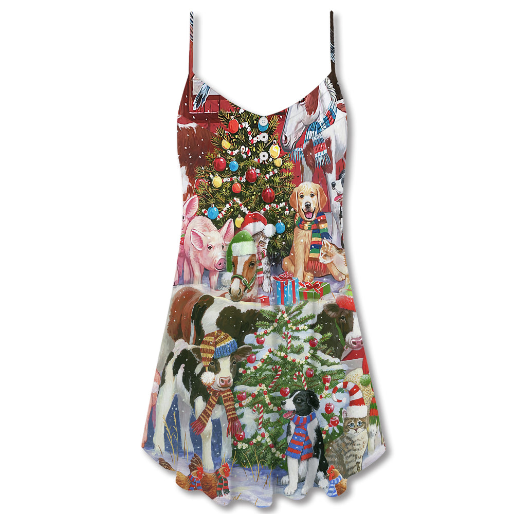 Christmas Farm Animals Happy Holiday – Women's Summer Sleeveless V-Neck Camisole Dress