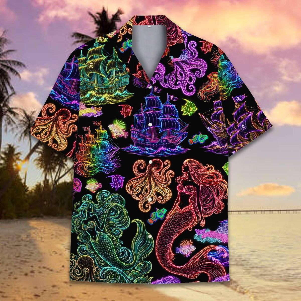 Neon Mermaid Pirate Ship Octopus Ocean – Hawaiian Shirt