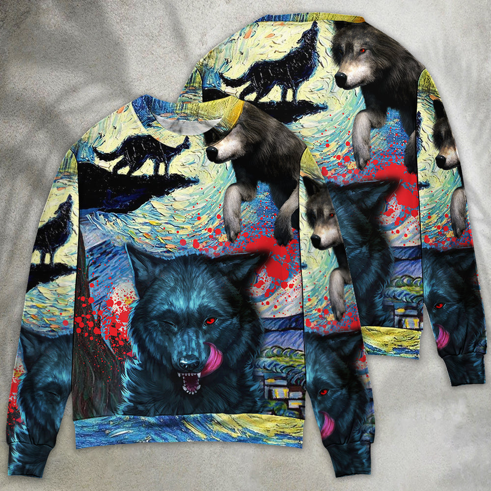 Halloween Black Wolf Starry Night Art – Sweater - Ugly Christmas Sweater