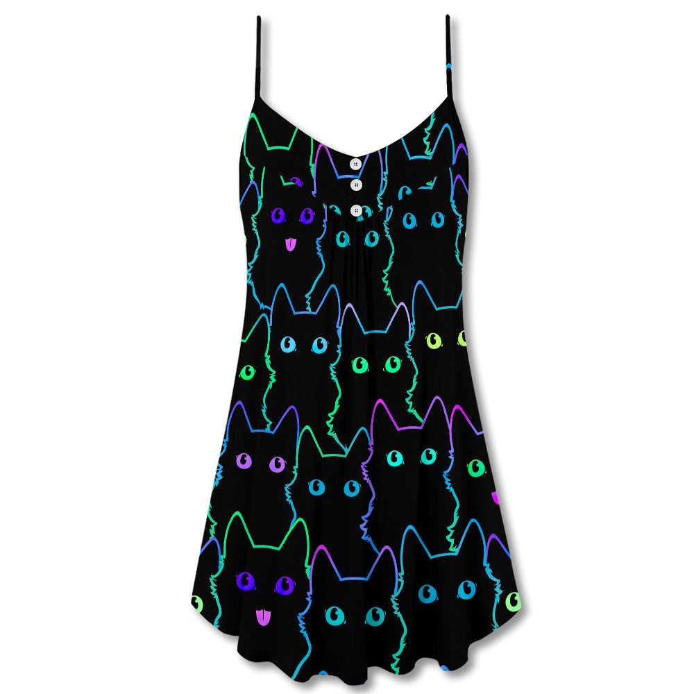 Cute Kitten Neon Art – Women's Summer Sleeveless V-Neck Camisole Dress