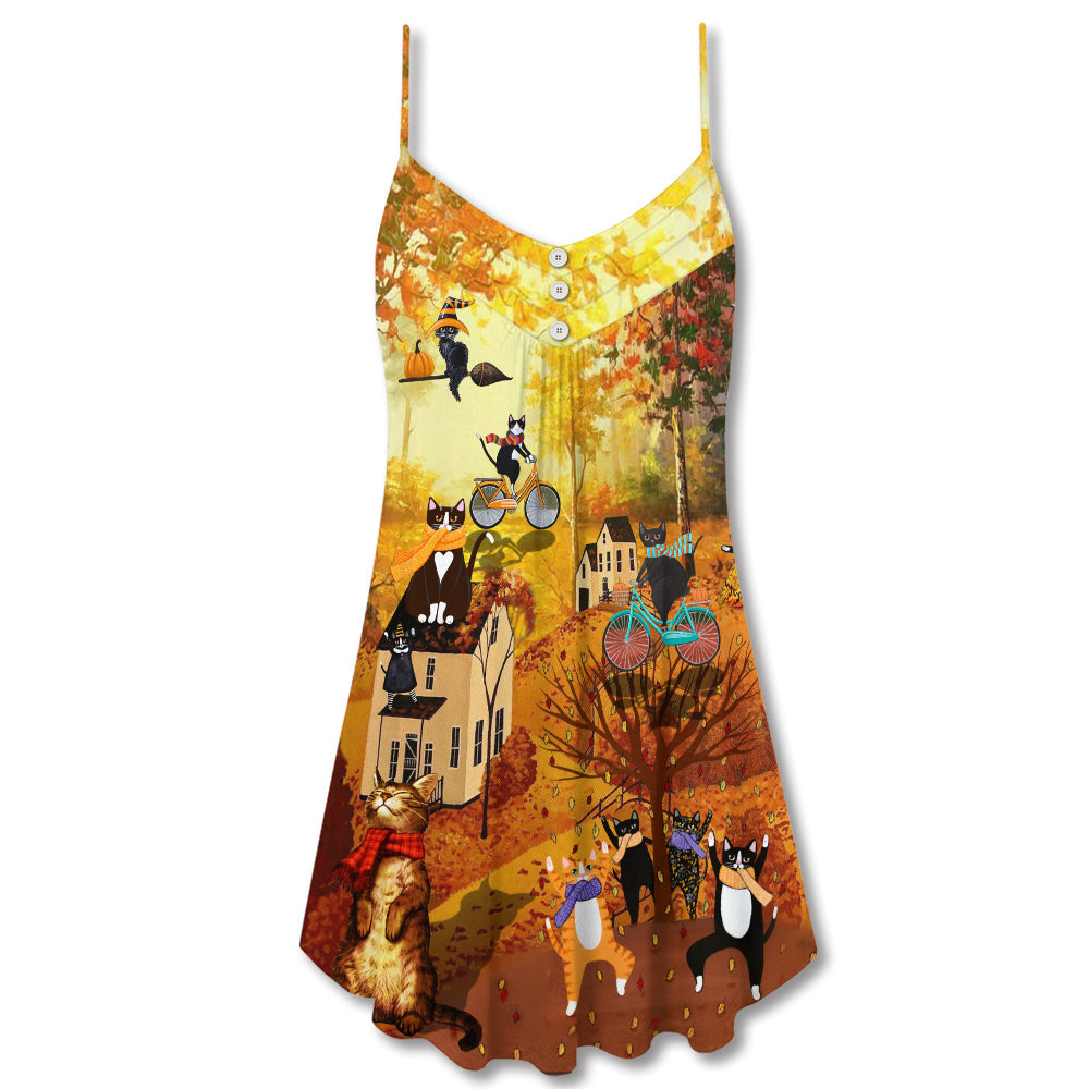 Happy Fall Yall Cat – Women's Summer Sleeveless V-Neck Camisole Dress