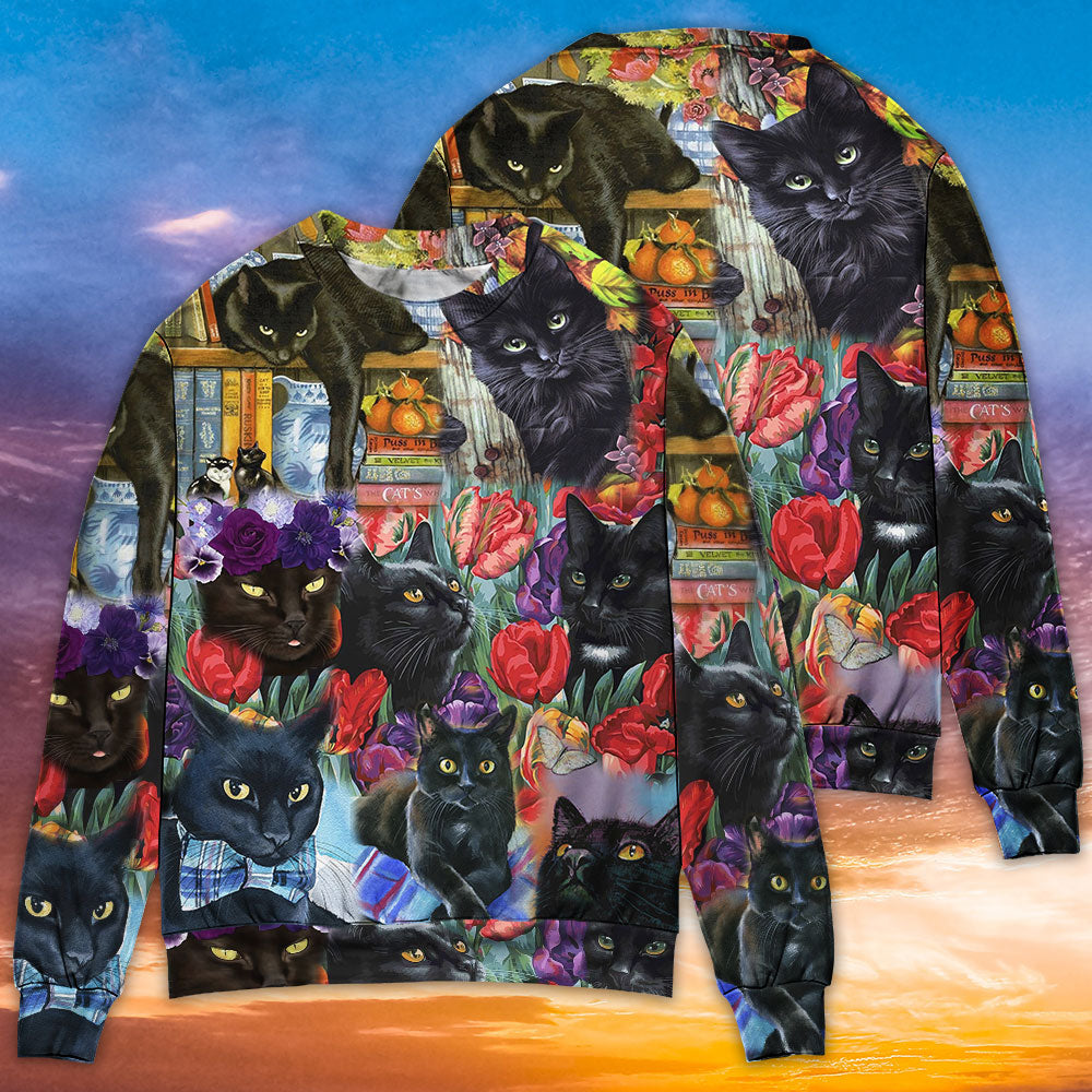 Black Cat Art With Floral Design – Sweater - Ugly Christmas Sweater