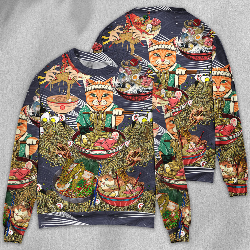 Lovely Cat Eating Ramen Art – Sweater - Ugly Christmas Sweater
