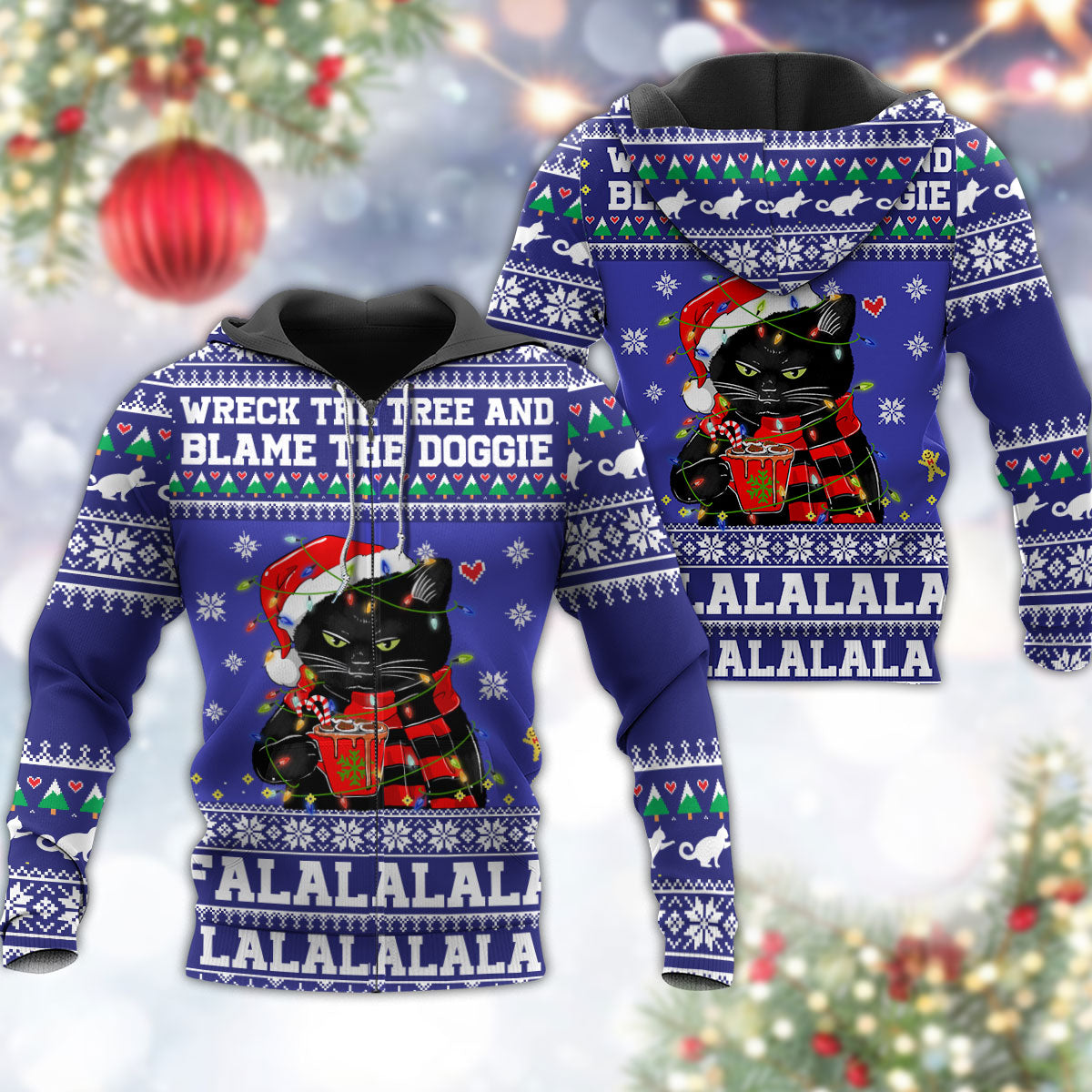 Black Cat Wreck The Tree Funny Holiday Art – 3D Hoodie