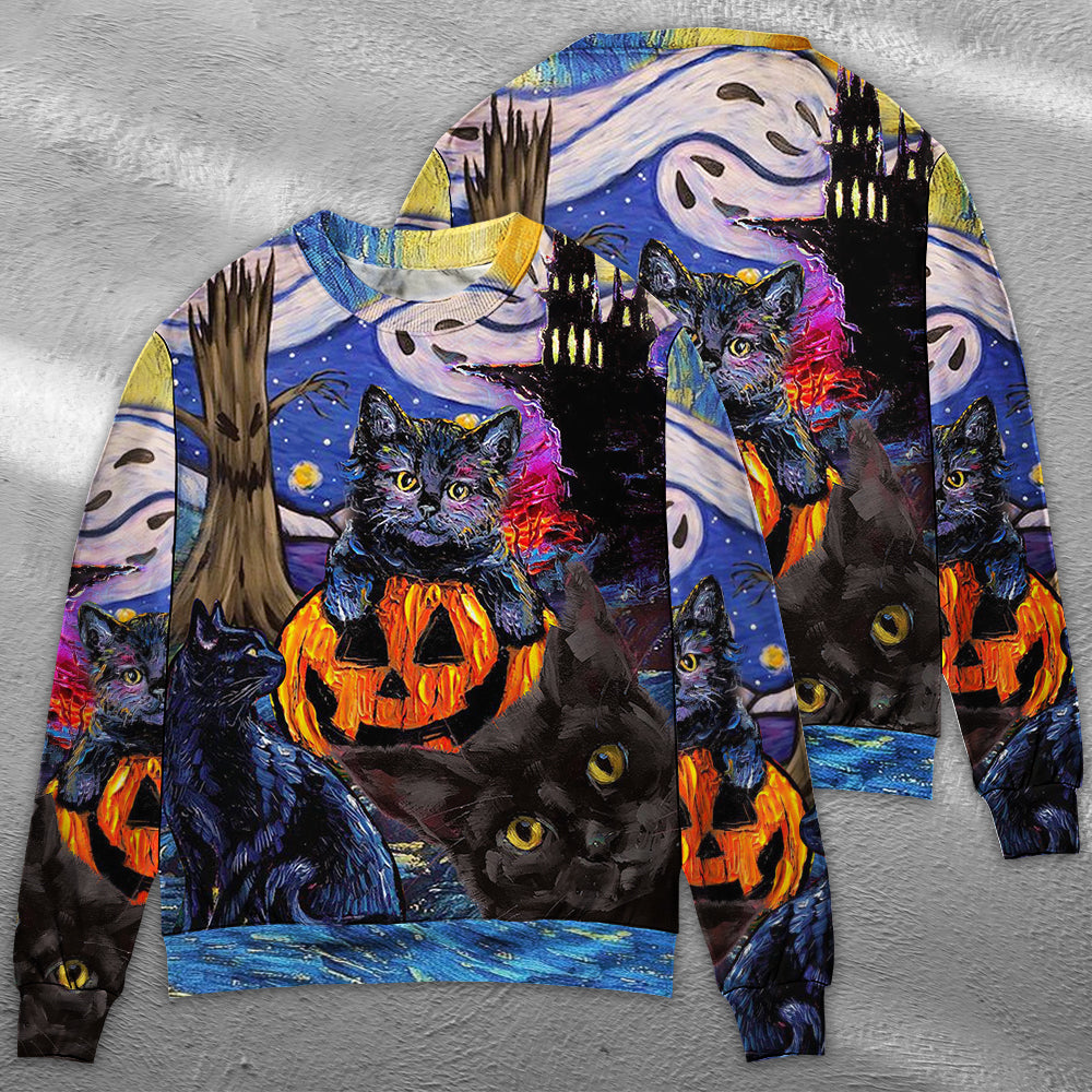 Halloween Black Cat Starry Night Art – Sweater - Ugly Christmas Sweater
