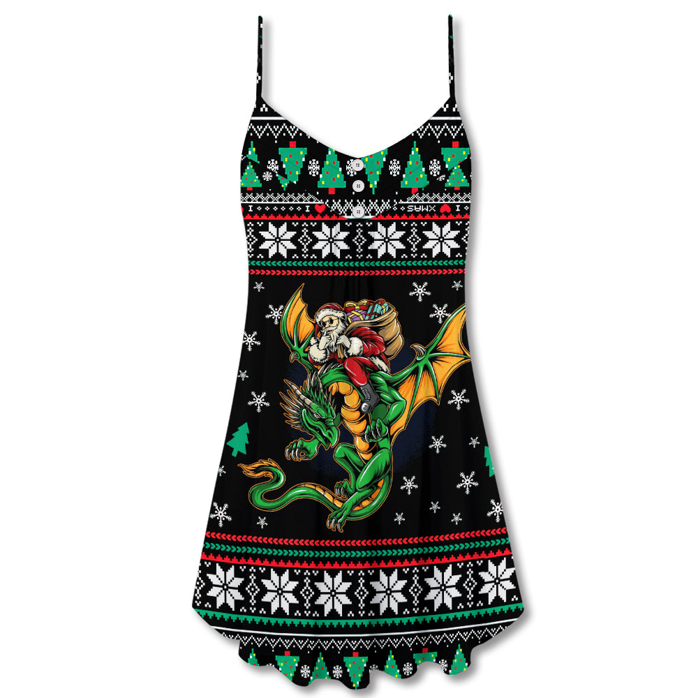 Christmas Santa And Dragon – Women's Summer Sleeveless V-Neck Camisole Dress