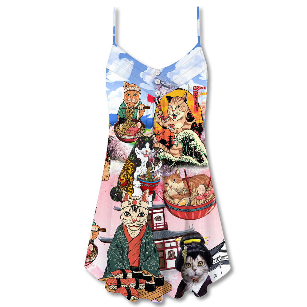 Samurai Cat With Ramen – Women's Summer Sleeveless V-Neck Camisole Dress