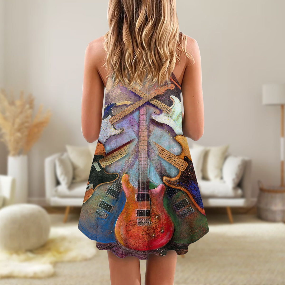 Abstract Colorful Guitar Lover – Women's Summer Sleeveless V-Neck Camisole Dress