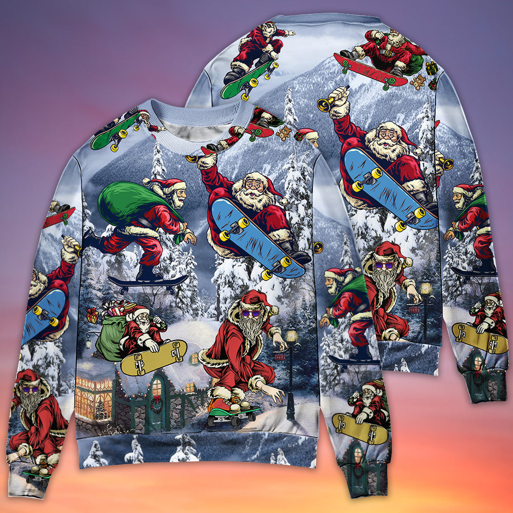 Christmas Santa Skateboarding Snow Mountain Light Art – Sweater - Ugly Christmas Sweater