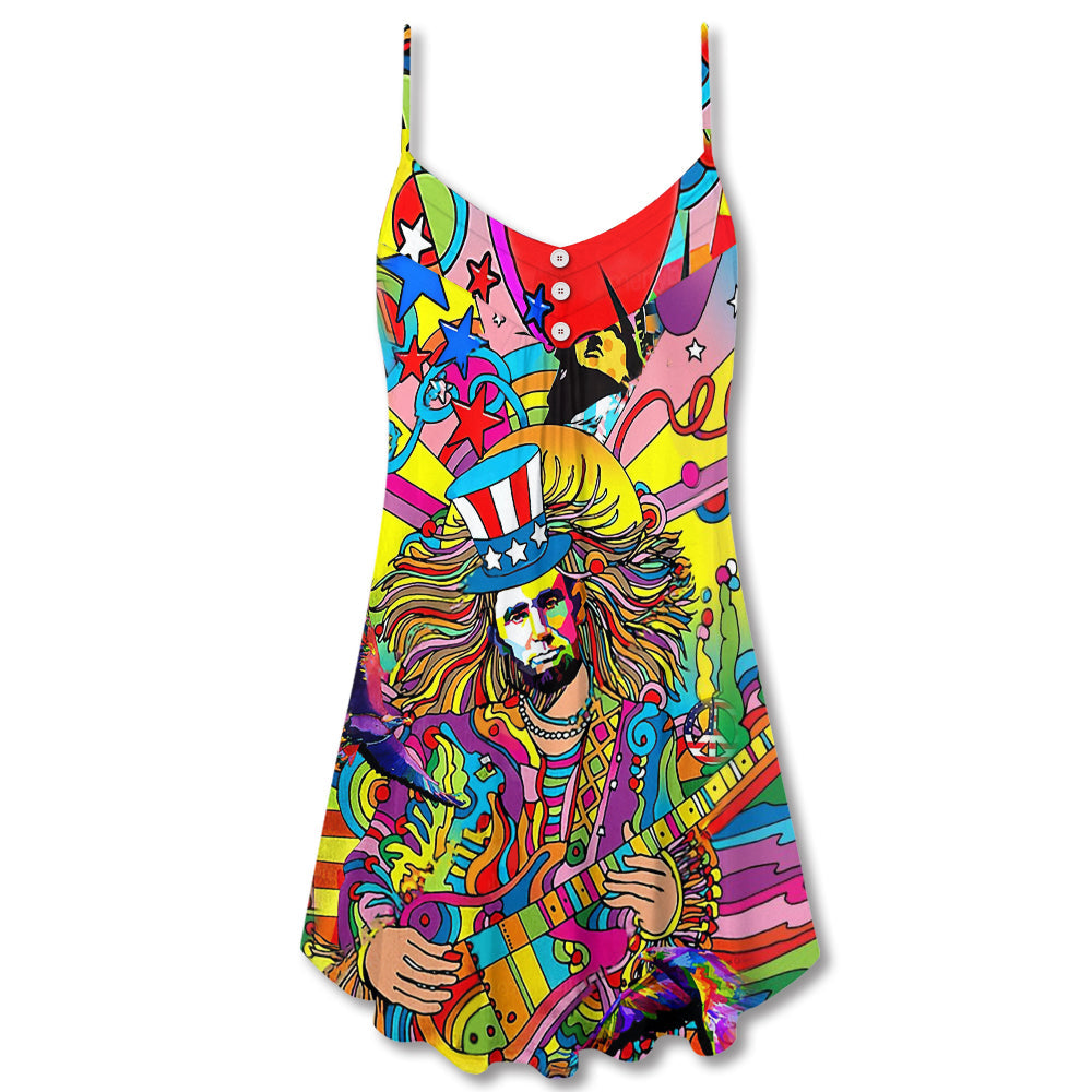 Hippie Patriotic Colorful Style – Women's Summer Sleeveless V-Neck Camisole Dress