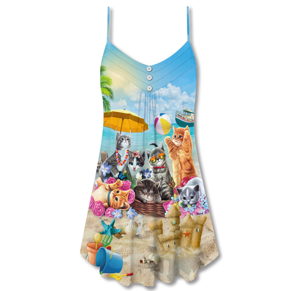 Happy Cat Beach Sunshine – Women's Summer Sleeveless V-Neck Camisole Dress